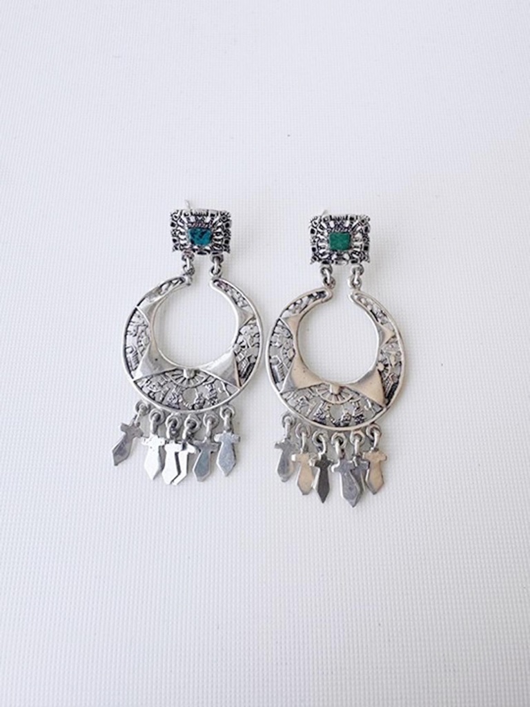 Vintage 925 Sterling Silver Southwest Tribal Hoop Dangle Earrings Turquoise